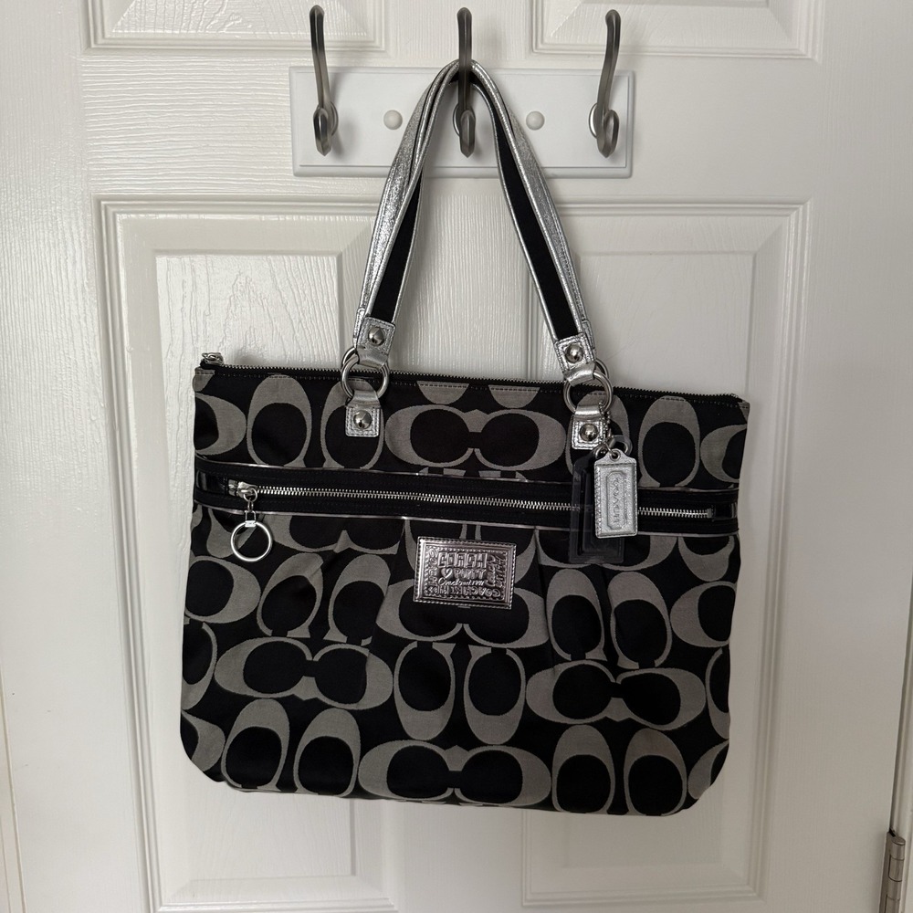 Coach Poppy Large Shoulder Tote Bag Purse Black Silver Shopper Signature C - Picture 15 of 16